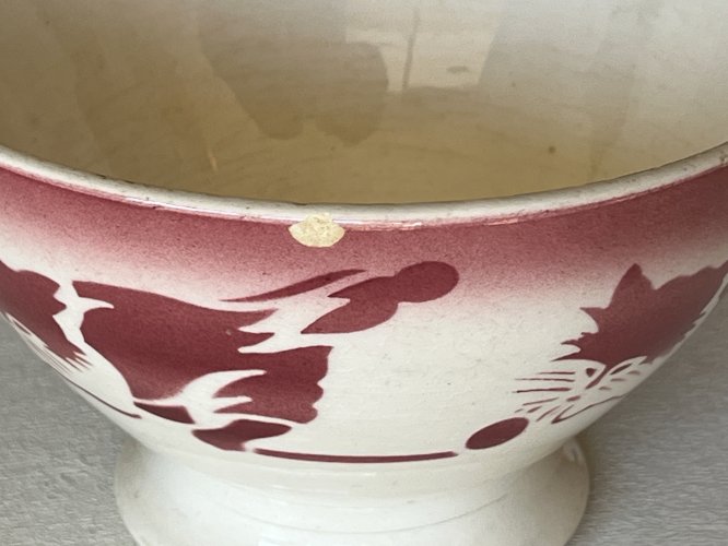 Bol à café au lait antique de Badonviller, motif du chat, diamètre 13,5 cm, vintage français