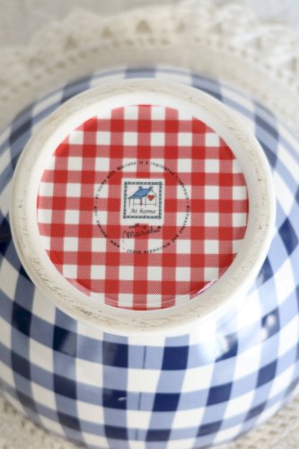 Bol vintage en faïence blanche et motif vichy bleu