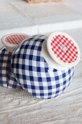 Bol vintage en faïence blanche et motif vichy bleu