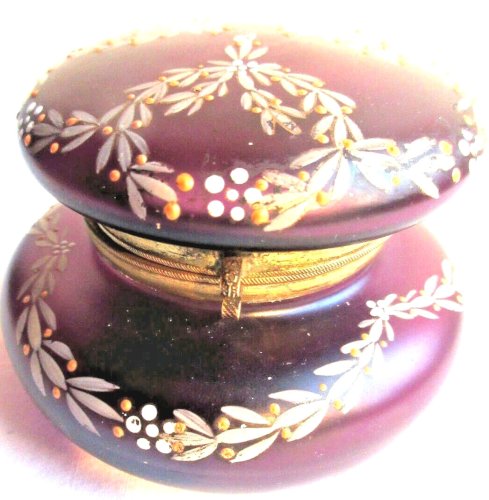 Bonbonnière Art Nouveau verre grenat violet émaillé Legras: Guirlandes de fleurs