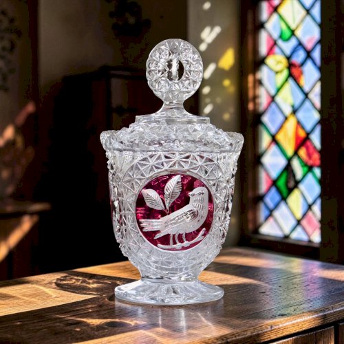 Bonbonnière en cristal Hofbauer collection Byrdes aux oiseaux rubis