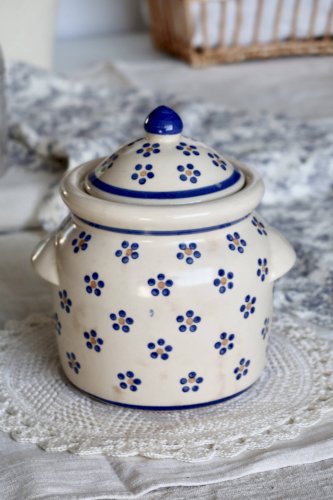 Bonbonnière vintage beige faïence - Décor fleuri bleu peint à la main