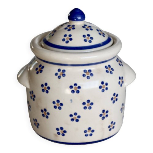 Bonbonnière vintage beige faïence - Décor fleuri bleu peint à la main