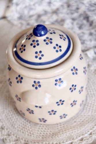 Bonbonnière vintage beige faïence - Décor fleuri bleu peint à la main