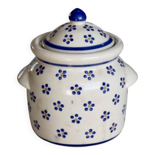 Bonbonnière vintage beige faïence - Décor fleuri bleu peint à la main