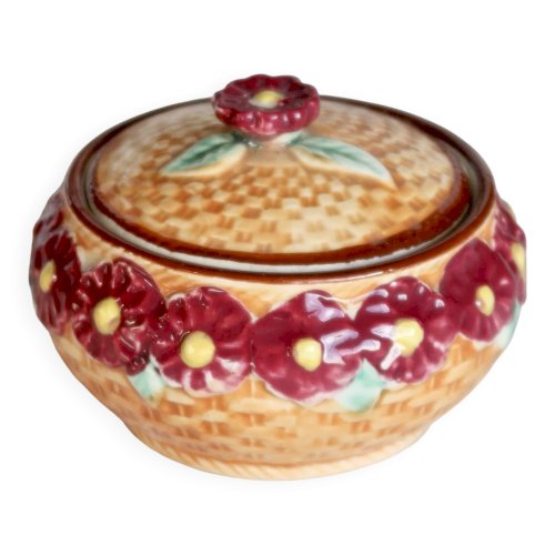 Bonbonnière vintage faïence et barbotine - Panier tressé, fleurs bordeaux