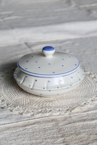 Bonbonnière vintage faïence ivoire pois bleu