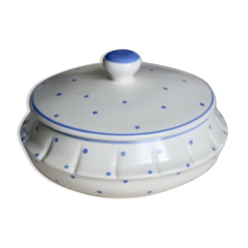 Bonbonnière vintage faïence ivoire pois bleu