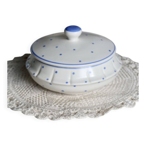 Bonbonnière vintage faïence ivoire pois bleu