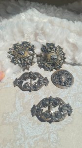 Ancient cape buckle - shoe buckles and a copper button - bees adorned with ivy