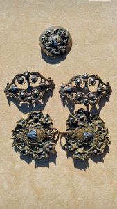 Old cape buckle - shoe buckles and a copper button - bees adorned with ivy