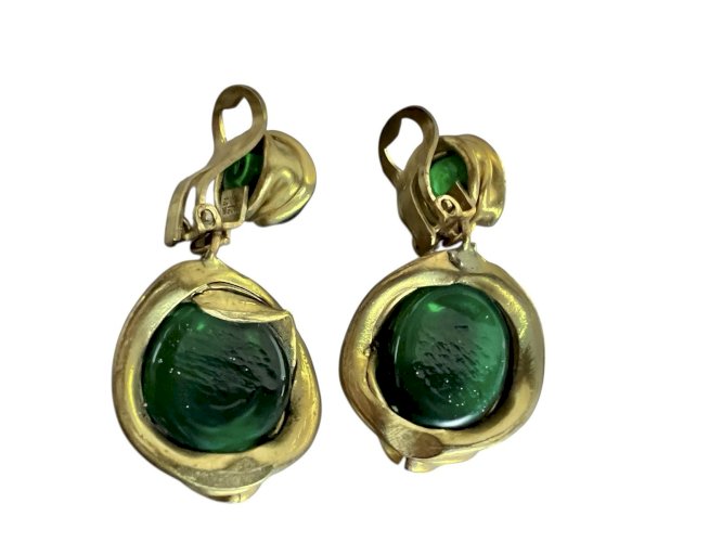 Boucle d’oreille Pendantes Serge Breton vers 1970 vintage pate de verre Verte