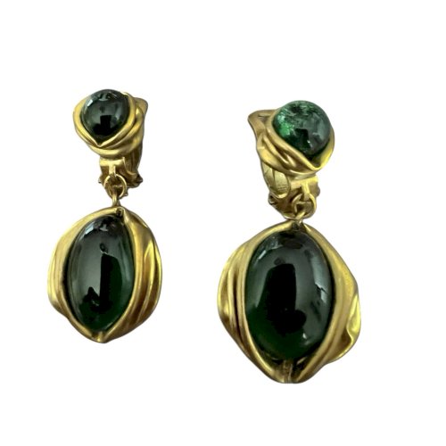 Boucle d’oreille Pendantes Serge Breton vers 1970 vintage pate de verre Verte