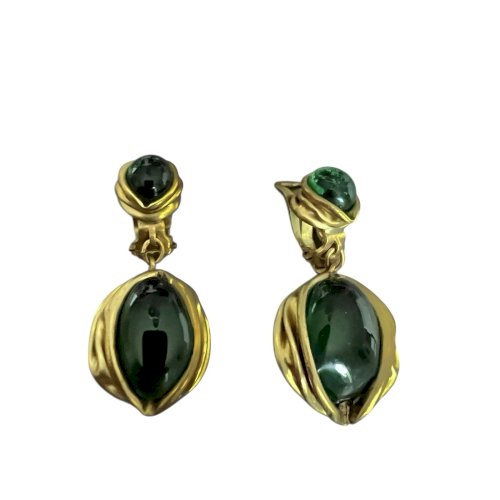 Boucle d’oreille Pendantes Serge Breton vers 1970 vintage pate de verre Verte