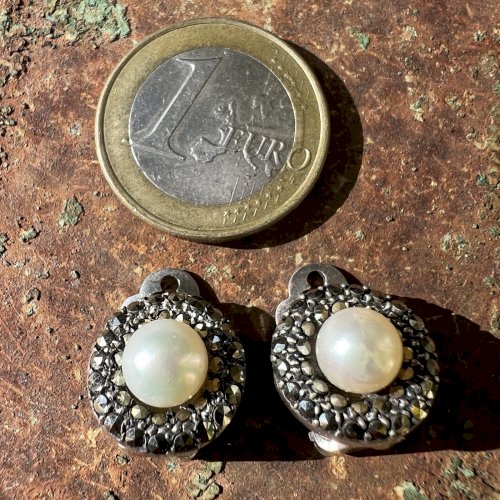boucles d’oreilles anciennes circa 1930 argent massif perle marcassites Vintage