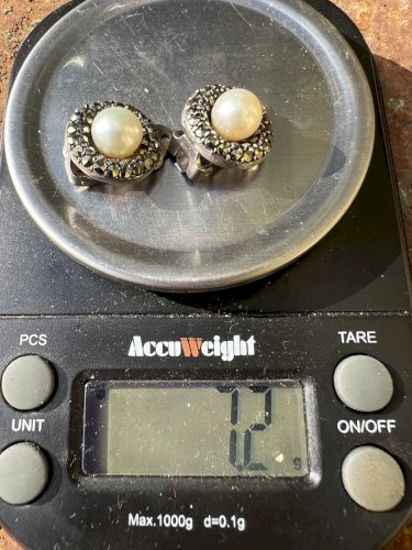 boucles d’oreilles anciennes circa 1930 argent massif perle marcassites Vintage