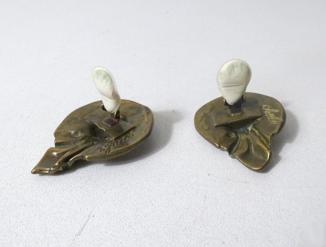 Boucles d'oreilles bronze Clips CHULE Earrings signed brutalist Vintage