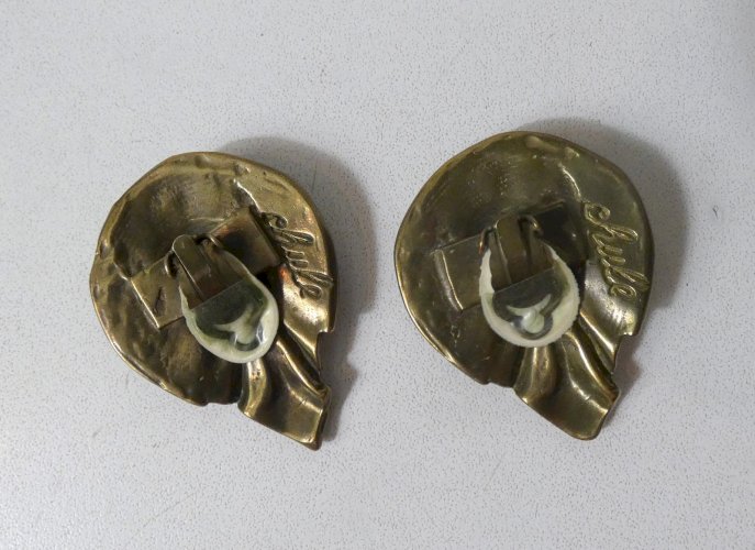 Boucles d'oreilles bronze Clips CHULE Earrings signed brutalist Vintage