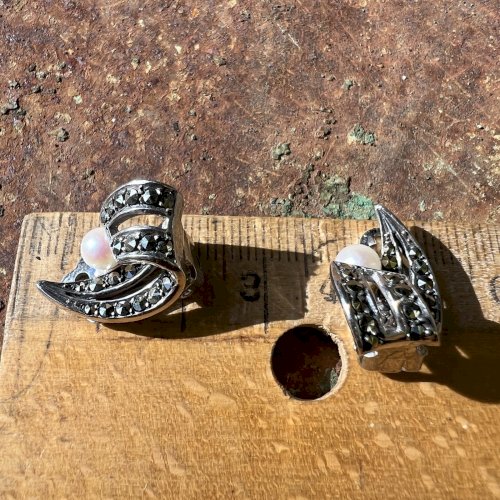 boucles d’oreilles circa 1950/1960 argent massif / perles /marcassites- Vintage