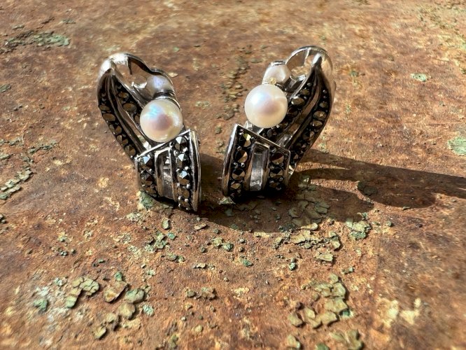 boucles d’oreilles circa 1950/1960 argent massif / perles /marcassites- Vintage