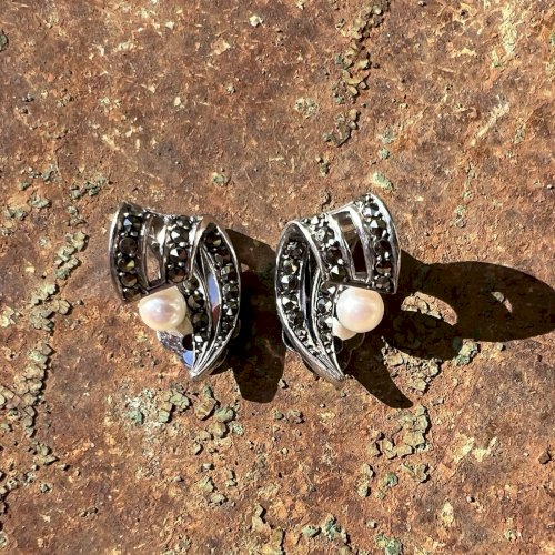 boucles d’oreilles circa 1950/1960 argent massif / perles /marcassites- Vintage