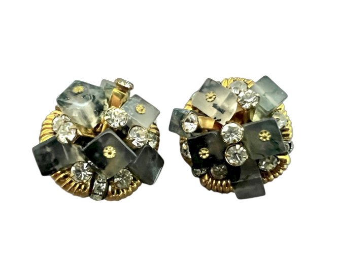 Boucles d’oreilles clip vintage couture jaspe chic élégante vers 1960 rétro