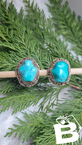 Boucles doreilles - clips anciens en argent et turquoises filigranés