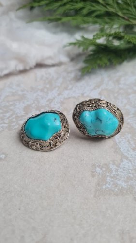 Boucles doreilles - clips anciens en argent et turquoises filigranés
