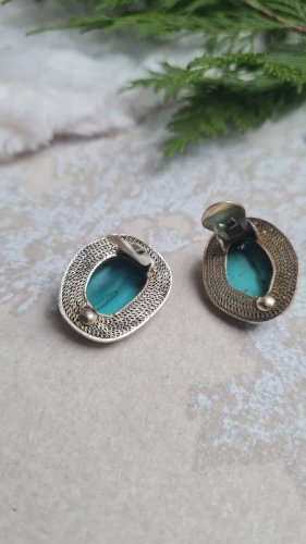 Boucles doreilles - clips anciens en argent et turquoises filigranés