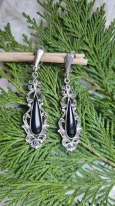 Earrings - silver clips with onyx and marcasites