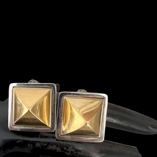 Boucles d’oreilles clips Hermès Paris French design Pyramide vintage Bicolore