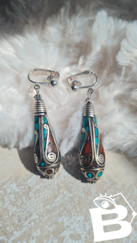 Boucles doreilles - clips tibétaines artisanales