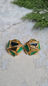 Earrings - vintage enameled clips in green, black, and gold