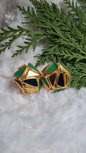 Boucles doreilles - clips vintage émaillés vert, noir et dorés