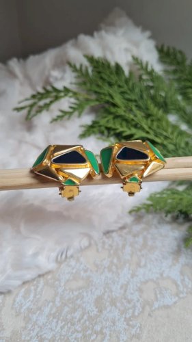 Boucles doreilles - clips vintage émaillés vert, noir et dorés