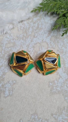 Boucles doreilles - clips vintage émaillés vert, noir et dorés