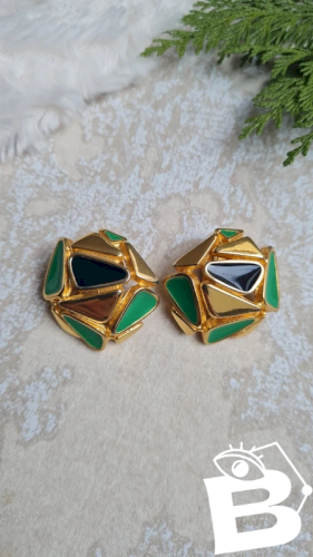 Boucles doreilles - clips vintage émaillés vert, noir et dorés