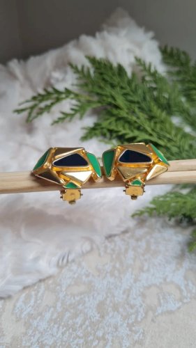 Boucles doreilles - clips vintage émaillés vert, noir et dorés