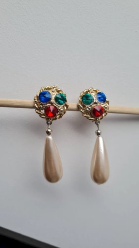 Boucles doreilles - clips vintage  strass vert, bleu et rouge