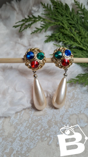 Boucles doreilles - clips vintage  strass vert, bleu et rouge