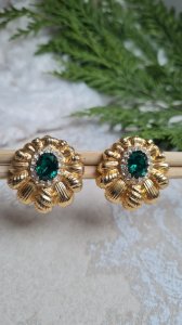 Vintage green and gold rhinestone clip earrings