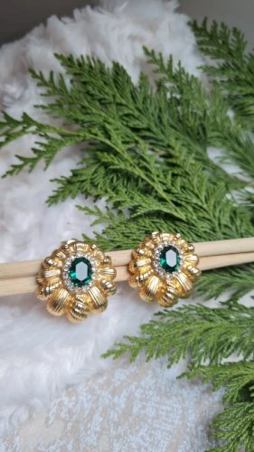 Boucles doreilles - clips vintage strass vert et dorés