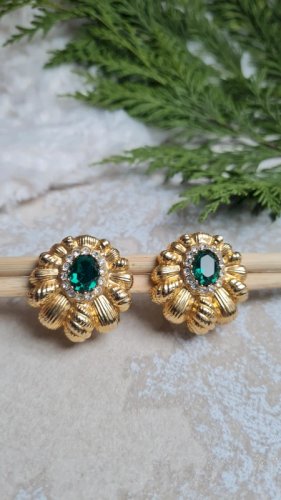 Boucles doreilles - clips vintage strass vert et dorés