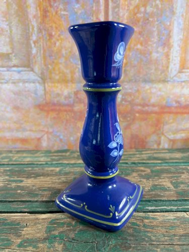 Bougeoir ancien en faïence de Saint-Omer – peint à la main – bleu cobalt – signé