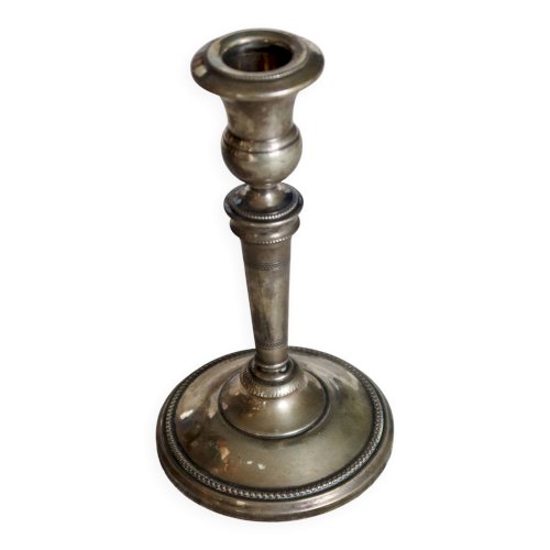 Bougeoir ancien en métal argenté – Décor perlé