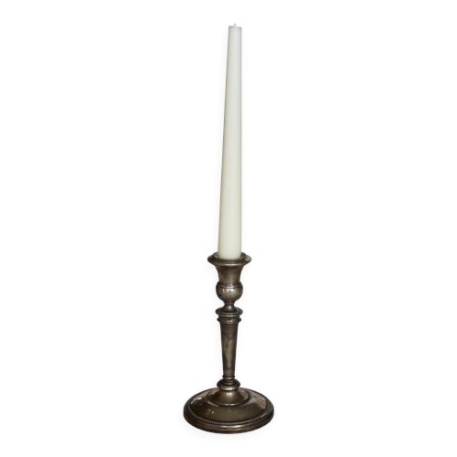 Bougeoir ancien en métal argenté – Décor perlé