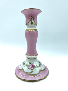 Antique Limoges porcelain candlestick signed Jaeger – Pink and gold decoration, flowers