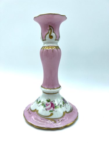 Bougeoir ancien en porcelaine de Limoges signé Jaeger – Décor rose et or, fleurs