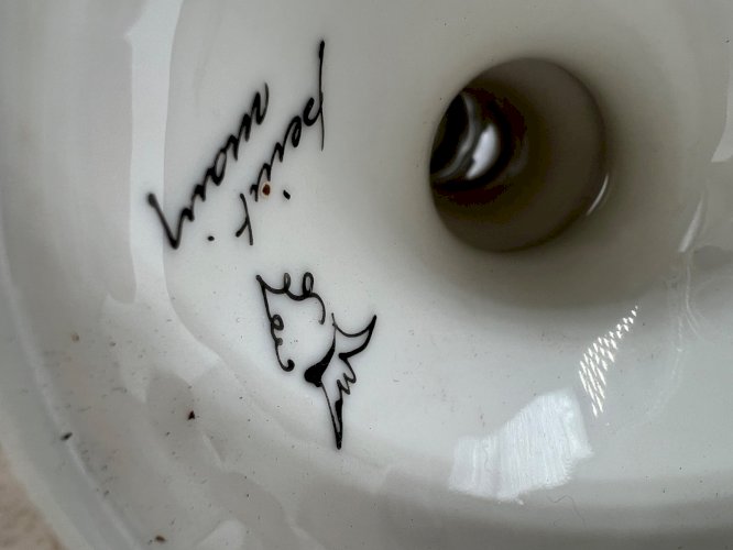 Bougeoir ancien en porcelaine de Limoges signé Jaeger – Décor rose et or, fleurs