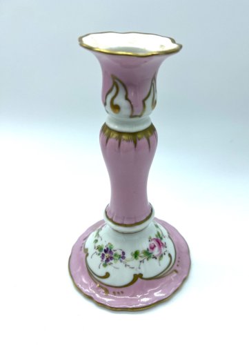 Bougeoir ancien en porcelaine de Limoges signé Jaeger – Décor rose et or, fleurs